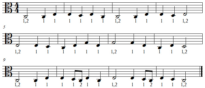 À la claire fontaine, exercice rythmique (rondes, noires, croches) clef d'UT 3 À la claire fontaine, exercice rythmique (rondes, noires, croches) clef d'UT 3