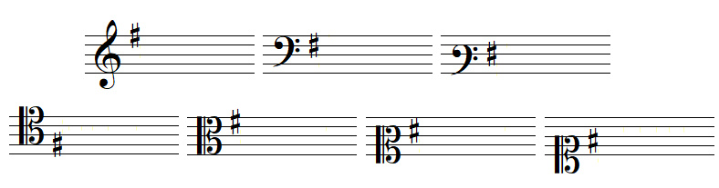armure avec un dièse, en clef de SOL, dans les deux clefs de FA et dans les quatre clefs d'UT