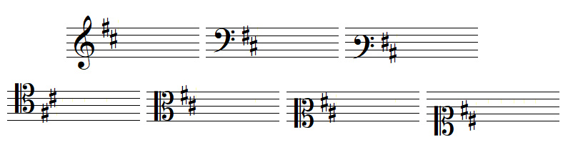 armure avec deux dièses, en clef de SOL, dans les deux clefs de FA et dans les quatre clefs d'UT