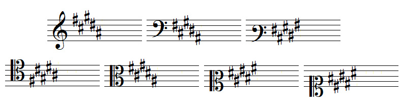 armure avec cinq dièses, en clef de SOL, dans les deux clefs de FA et dans les quatre clefs d'UT