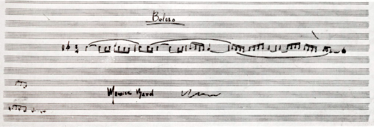 Manuscrit signé de Maurice Ravel reproduisant les cinq premières mesures du Boléro, Entre 1928 et 1932.