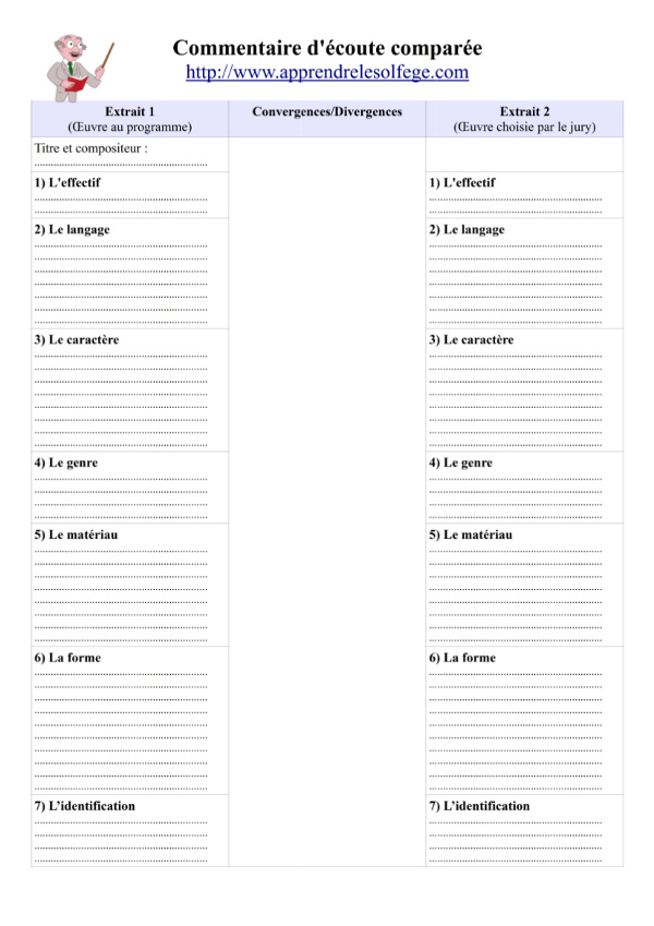 Fiche de commentaire d'écoute comparée, vierge