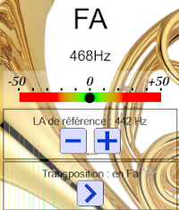 Note FA sur l'écran d'un accordeur pour un cor en FA Note FA sur l'écran d'un accordeur pour un cor en FA
