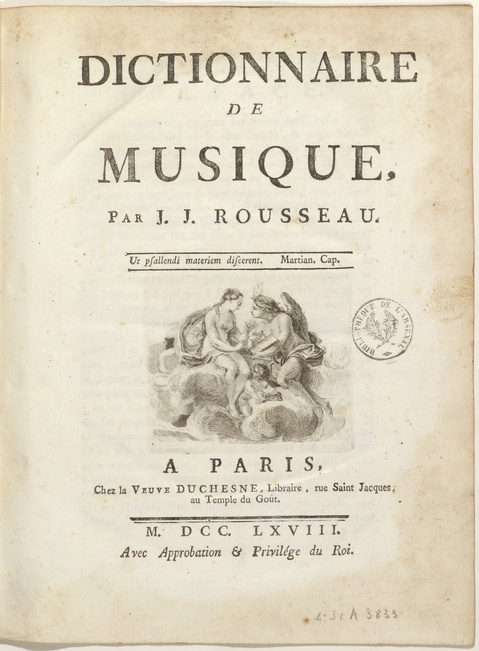 Dictionnaire de la musique Jean Jacques Rousseau édition 1768