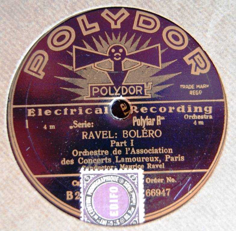 Premier enregistrement du Boléro édité par Polydor en 1930, Maurice Ravel dirigeant l'orchestre de l'Association des Concerts Lamoureux.