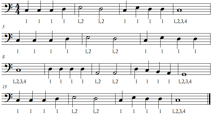 Exercice rythmique, au clair de la lune, clef de FA 4, rondes, blanches, noires Exercice rythmique, au clair de la lune, clef de FA 4, rondes, blanches, noires
