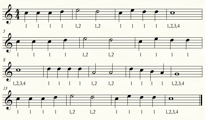 Exercice rythmique, au clair de la lune, clef de SOL , rondes, blanches, noires Exercice rythmique, au clair de la lune, clef de SOL , rondes, blanches, noires