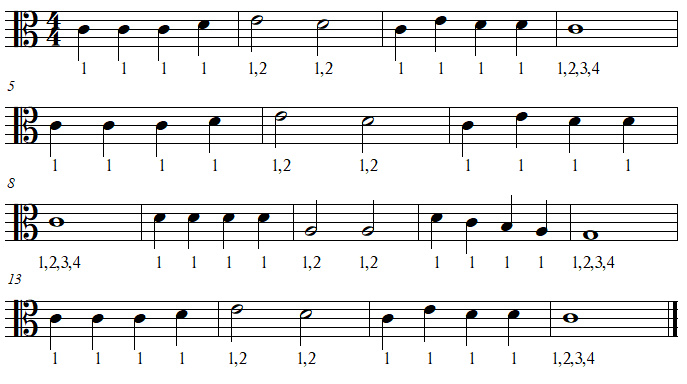 Exercice rythmique, au clair de la lune, clef d'UT 3, rondes, blanches, noires Exercice rythmique, au clair de la lune, clef d'UT 3, rondes, blanches, noires
