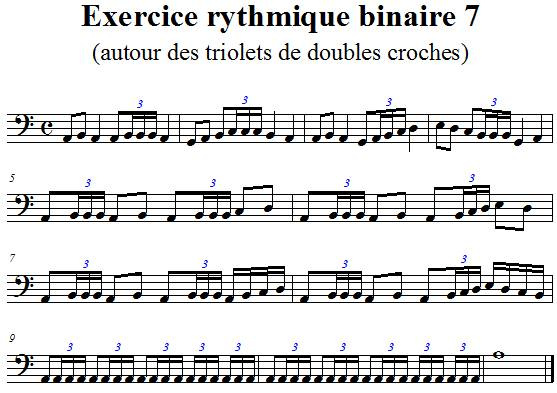 Exercice rythmique binaire 7 autour des triolets de doubles-croches en clef de FA 4 Exercice rythmique binaire 7 autour des triolets de doubles-croches en clef de FA 4