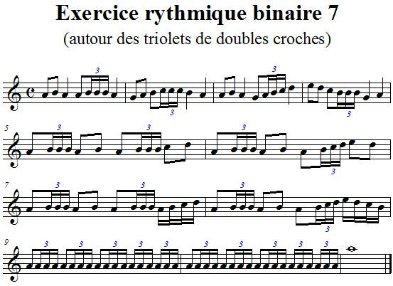 Exercice rythmique binaire 7 autour des triolets de doubles-croches en clef de sol Exercice rythmique binaire 7 autour des triolets de doubles-croches en clef de sol