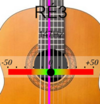 écran d'accordeur pour guitare de la note Ré3, fréquence de référence 442 Hertz