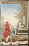 Leopold, Wolfgang au clavecin et Maria Anna (dite Nannerl) Mozart en 1764.
