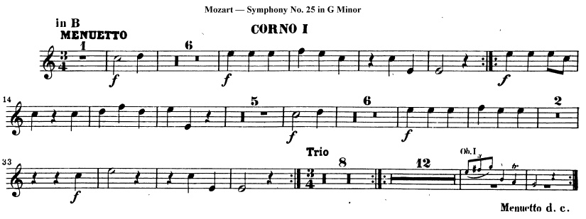 la partition de premier cor du mouvement Menuetto de la symphonie n°25 en SOL mineur de W.A. Mozart