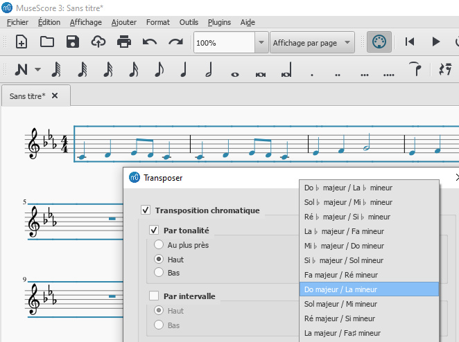 Transposer avec le logiciel Musescore une partition en UT pour un instrument en MI bémol