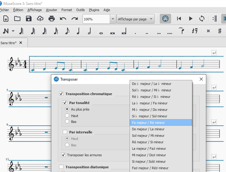 Transposer avec le logiciel Musescore une partition en UT pour un instrument en SI bémol