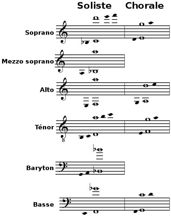 Récapitulatif des tessitures des voix de chanteur et de choriste