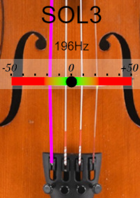 écran d'accordeur pour violon de la note SOL3, fréquence de référence 442 Hertz